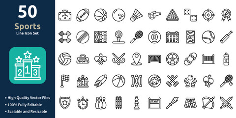 Sports icon set in Outline style. Minimilist and trendy Icon set. Containing Icons,Medical kit , Rugby , Basketball , Bowling ball , Shuttlecock , Whistle ,and so on.