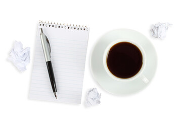 Mini composition featuring a coffee cup, notebook with a pen, and crumpled paper, isolated on a transparent background