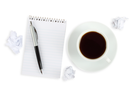 Mini composition featuring a coffee cup, notebook with a pen, and crumpled paper, isolated on a transparent background