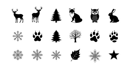 Winter forest silhouette icons: deer, owl, fox, trees, snowflakes, and more