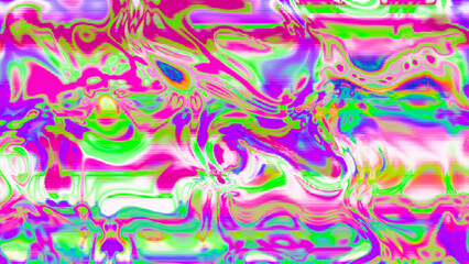 Abstract psychedelic glitch waves with neon colors, distorted digital fluid texture and VHS scanline effect