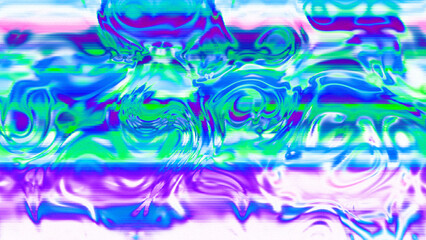 Abstract psychedelic glitch waves with neon colors, distorted digital fluid texture and VHS scanline effect