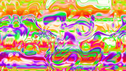 Abstract psychedelic glitch waves with neon colors, distorted digital fluid texture and VHS scanline effect