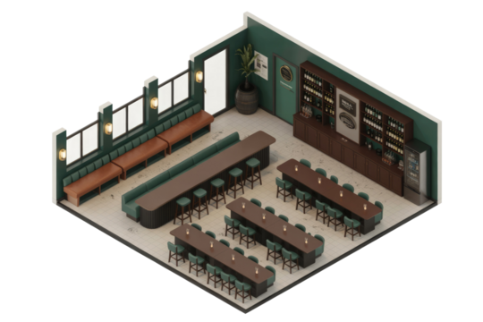 Isometric view of a stylish, dimly lit bar with green accents, booths, and numerous tables and chairs. background removed - Powered by Adobe