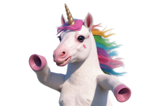 A cheerful, cartoonish unicorn with rainbow mane and pink hooves, playfully presenting. background removed