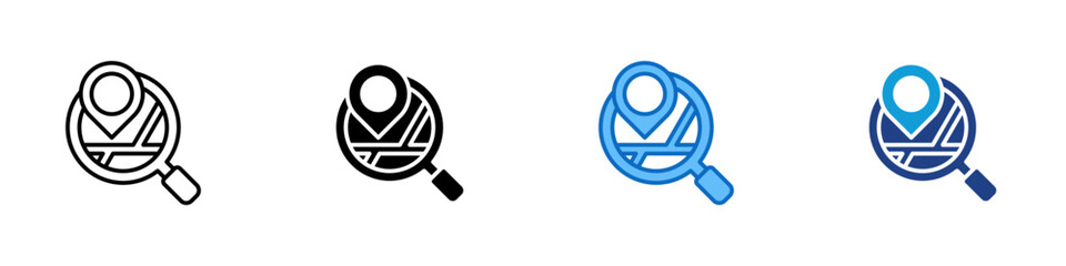 Map Search Multiple Style Icon Design Vector - Magnifying glass over a location pin and map representing search, discovery, or tracking a place