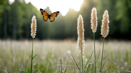 Butterfly flying over tall grass in sunlit field, showcasing nature beauty and tranquility