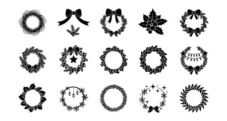 Elegant christmas wreath silhouettes with festive decorations and bows