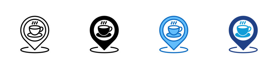 Cafe Location Multiple Style Icon Design Vector - Coffee cup inside a map marker representing cafe location, nearby coffee shop, or restaurant spot