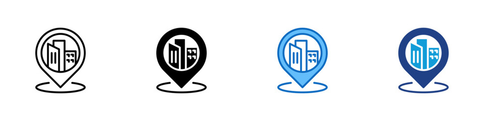 City Location Multiple Style Icon Design Vector - City building inside a location marker representing urban navigation or business address