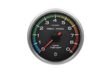 A close-up shot of an analog tachometer with a colored scale, showing engine RPM. background removed