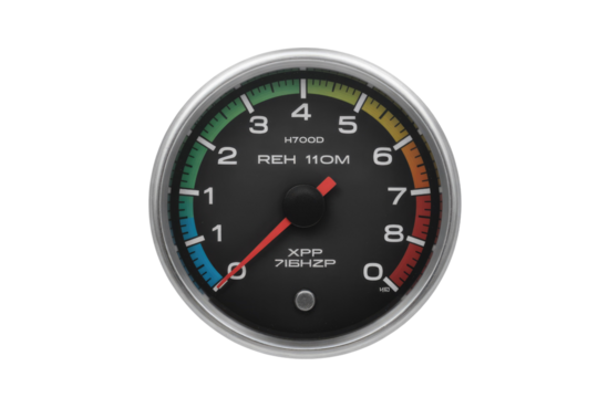 A close-up shot of an analog tachometer with a colored scale, showing engine RPM. background removed