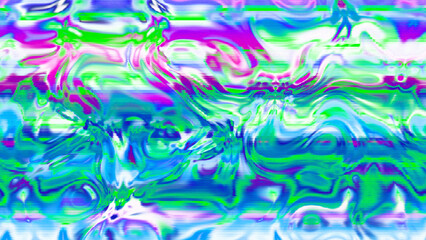 Abstract psychedelic glitch waves with neon colors, distorted digital fluid texture and VHS scanline effect