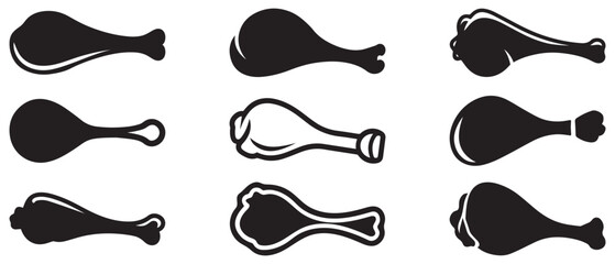 Nine distinct black chicken leg illustrations form a pattern against a white background