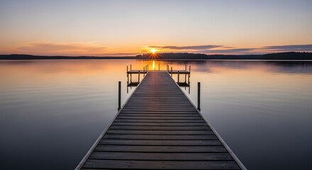 Obraz premium Sunrise Over a Wooden Dock on a Calm Lake