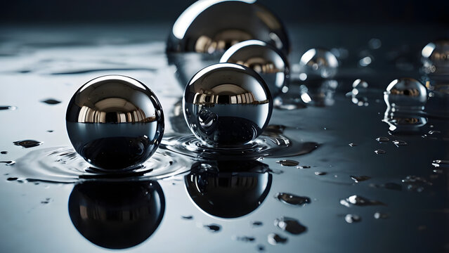 Floating metallic spheres above a reflective liquid surface, abstract surreal composition, futuristic lighting, minimal background.
