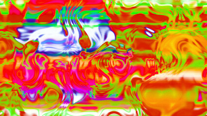 Abstract psychedelic glitch waves with neon colors, distorted digital fluid texture and VHS scanline effect