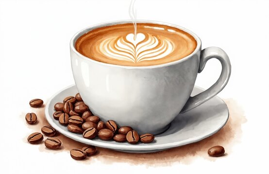 Watercolor illustration shows hot coffee cup. White mug holds latte with beautiful heart shaped latte art, rising steam. Roasted coffee beans scatter on white saucer, table. Art perfect for coffee