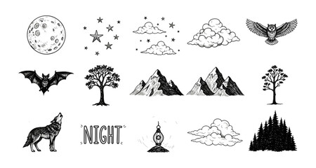 Naklejka premium Hand drawn nighttime nature elements with moon, stars, and wildlife in vintage style