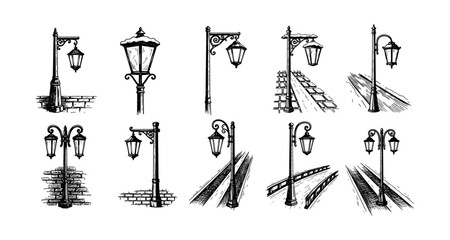 Set of vintage street lamps with hand-drawn style perfect for urban design