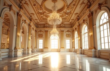 Grand ballroom with ornate gold decor, marble floor, crystal chandeliers. Sunlight streams through tall arched windows, illuminating empty, luxurious hall. Perfect for royal events fantasy settings.