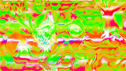 Abstract psychedelic glitch waves with neon colors, distorted digital fluid texture and VHS scanline effect