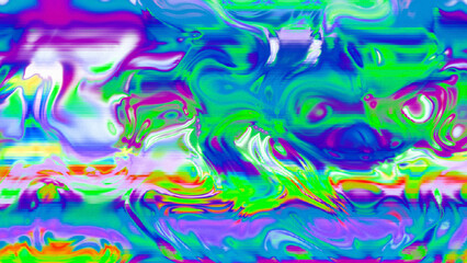 Abstract psychedelic glitch waves with neon colors, distorted digital fluid texture and VHS scanline effect