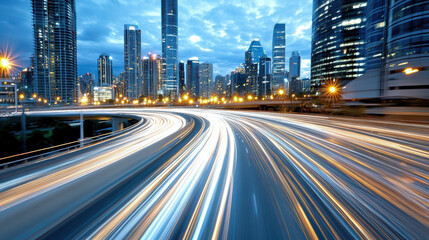 Obraz premium Long exposure of city highway with light trails and skyscrapers background creates vibrant urban