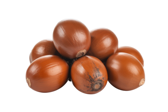 A pile of shiny brown shea nuts, isolated on a transparent background. background removed
