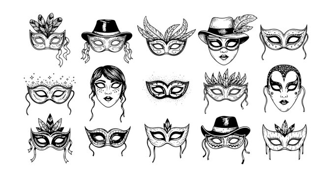 Intricate black ink carnival masks with hat and feather elements