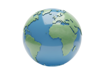 Earth globe isolated on transparent background, world map continents in green and blue colors, geography and global awareness concept