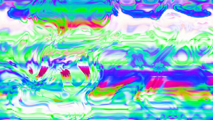 Abstract psychedelic glitch waves with neon colors, distorted digital fluid texture and VHS scanline effect