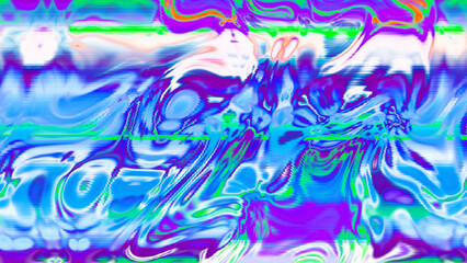 Abstract psychedelic glitch waves with neon colors, distorted digital fluid texture and VHS scanline effect