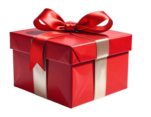 Obraz premium Hand Holding Red Gift Box with Gold Ribbon and Bow Isolated on White Background