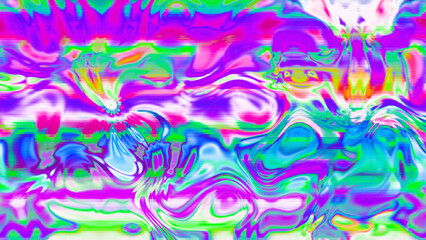 Abstract psychedelic glitch waves with neon colors, distorted digital fluid texture and VHS scanline effect