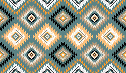 Seamless geometric ethnic pattern inspired by Native American tribal fabric. Traditional Aztec and Navajo style carpet and tile vector design on navy  background. Perfect for textile, wrapping,