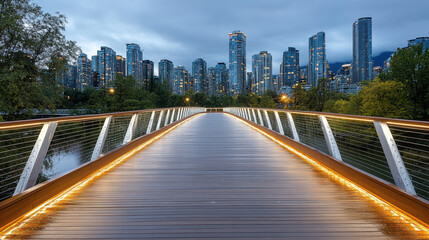 Fototapeta premium City skyline viewed from bridge at night, showcasing urban architecture and calm atmosphere