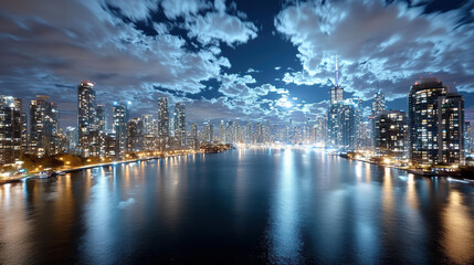 Fototapeta premium City skyline night with illuminated buildings reflecting calm water, creating serene urban