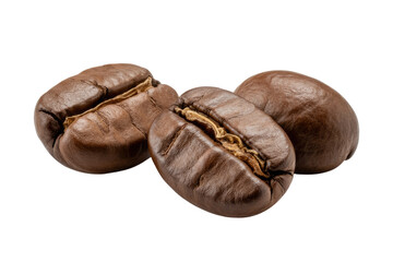 Fototapeta premium Close-up of three roasted coffee beans, rich brown color, isolated on transparent background. background removed