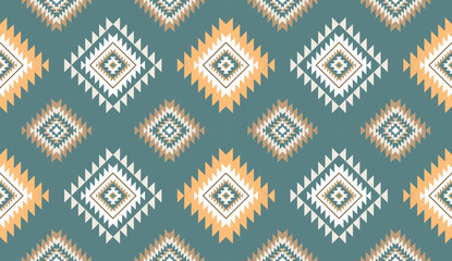 Seamless geometric ethnic pattern inspired by Native American tribal fabric. Traditional Aztec and Navajo style carpet and tile vector design on navy  background. Perfect for textile, wrapping,