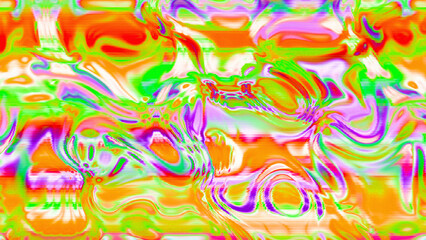 Abstract psychedelic glitch waves with neon colors, distorted digital fluid texture and VHS scanline effect