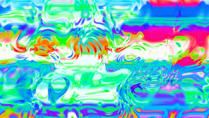 Abstract psychedelic glitch waves with neon colors, distorted digital fluid texture and VHS scanline effect