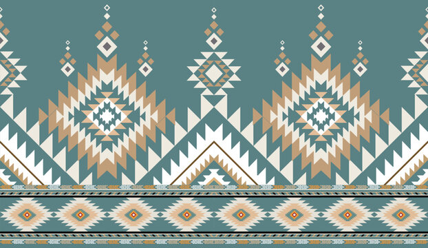 Seamless geometric ethnic pattern inspired by Native American tribal fabric. Traditional Aztec and Navajo style carpet and tile vector design on navy blue background. Perfect for textile, wrapping,