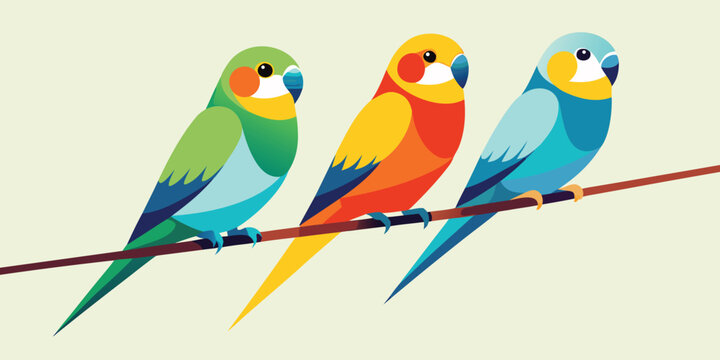 Three colorful parakeets in simple vector illustration