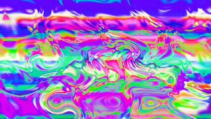 Abstract psychedelic glitch waves with neon colors, distorted digital fluid texture and VHS scanline effect