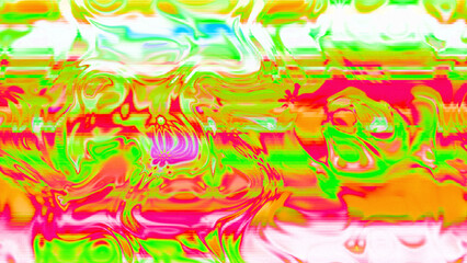 Abstract psychedelic glitch waves with neon colors, distorted digital fluid texture and VHS scanline effect