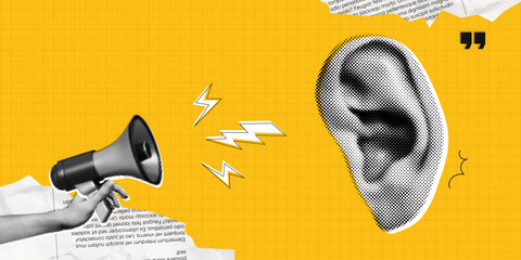 Trendy Halftone Collage Megaphone shout out ear. Hand holding loudspeaker with urgent attention. Social media sales. Propaganda and fake news. Yellow press. Contemporary vector illustration art