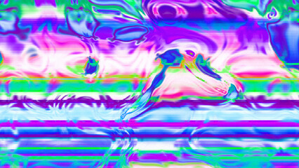 Abstract psychedelic glitch waves with neon colors, distorted digital fluid texture and VHS scanline effect
