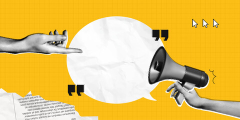 Fototapeta premium Trendy Halftone Collage Hand showing empty space speech bubble. Megaphone with message and quote symbols. Social media communication and adverting. Online news. Contemporary vector illustration art
