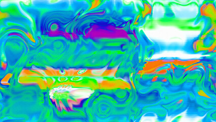 Abstract psychedelic glitch waves with neon colors, distorted digital fluid texture and VHS scanline effect